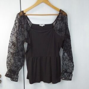 Maurices Black Peplum Long Sleeve Blouse Sheer Lace Sleeves Goth Punk Sz.L